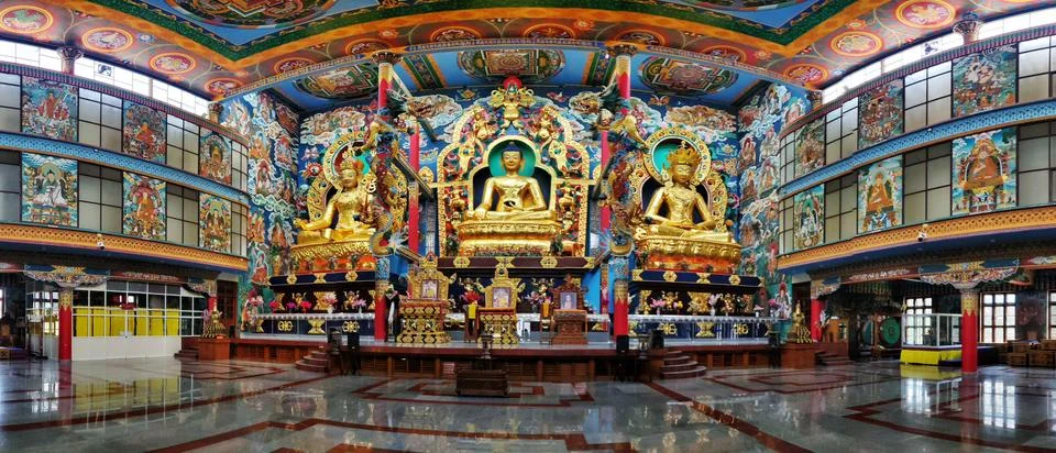 July 8, 2019 - KARNATAKA, INDIA: Panorama of interior of Namdroling Monastery Stock Photos