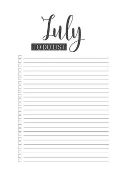 July To Do List. Vector Template. Handwritten lettering. Stock Illustration