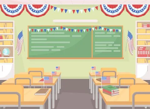 July fourth festive decor in classroom flat color vector illustration Illustrazione stock