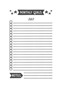 July Monthly Goals. Vector Template. Stock Illustration