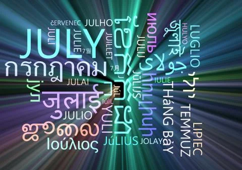 July multilanguage wordcloud background concept glowing Stock Illustration