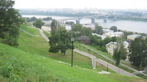 July panoramic view of summer morning Fedorovsky Embankment Nizhny Novgorod Stock Footage 32188157