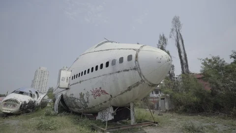 Jumbojet Passenger Airplane Wreck / Abandoned Boeing 747 - Nose Section Stock Footage 88908627