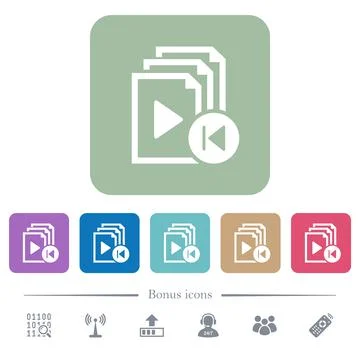 Jump to previous playlist item flat icons on color rounded square backgrounds Stock Illustration