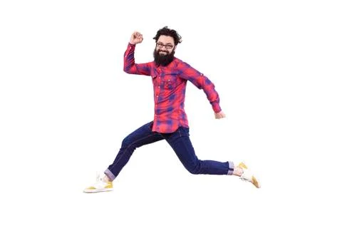 Jumping bearded hipster Stock Photos