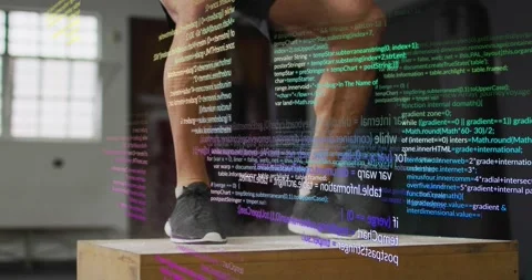 Jumping blue-tee man crouching, arm-driving, landing on plyo box at gym, Stock Footage 331593611