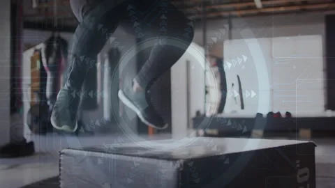 Jumping onto box, person interacting with digital interface animation overlay Video stock 305030351