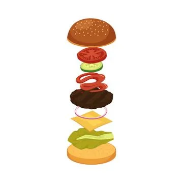 Jumping burger layers between halves of bun, flat vector illustration isolated. Stock Illustration