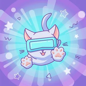 Jumping cat with vr headset in virtual reality space Stock Illustration