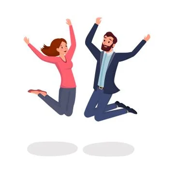 Jumping colleagues flat vector illustration. Two friends, man and woman leaping Stock Illustration