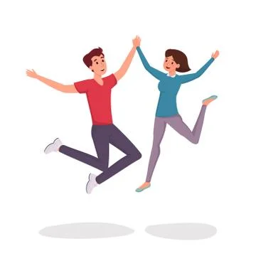 Jumping couple flat vector illustration. Cheerful man and woman, friends Stock Illustration