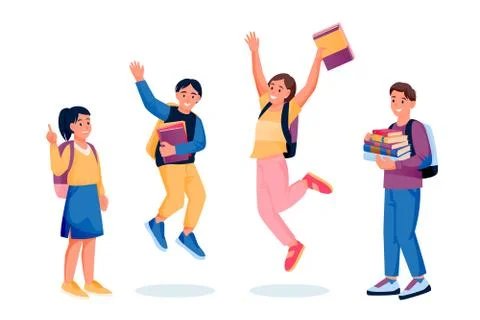 Jumping dancing happy kids with books and backpacks. Back to school and educa Stock Illustration