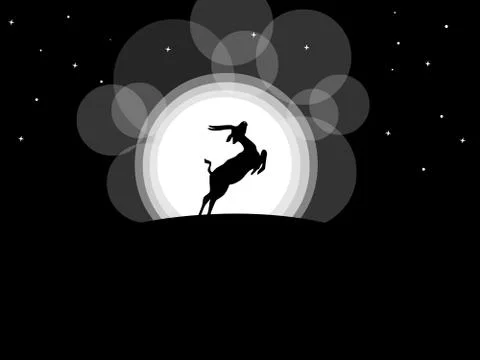Jumping deer silhouette with moon light background Stock Illustration
