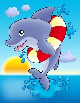 Jumping dolphin with inflatable ring Stock Illustration