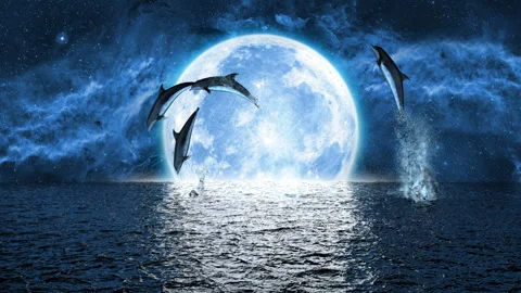 Jumping dolphins on the background of the big moon Stock Footage 158840931