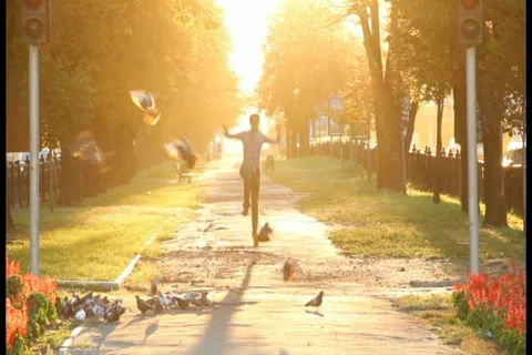 Jumping enjoying man in heaven paradise park, birds fly away Vidéo 28471953