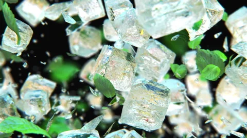 Jumping frosted ice cubes with mint leaves in 4K Slow motion Stock Footage 147334082