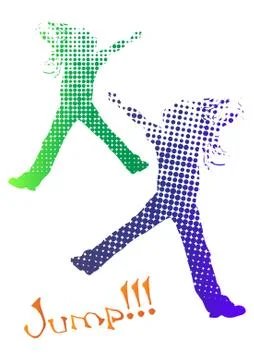 Jumping girl halftone silhouettes vector illustration Stock Illustration