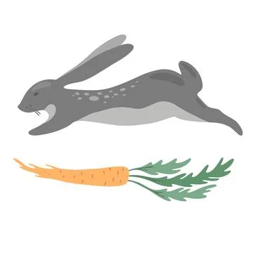 Jumping grey hare, rabbit and carrot Stock Illustration