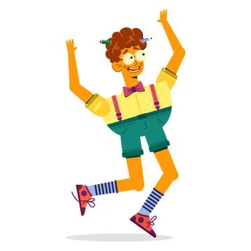 The jumping guy with glasses laughs happily. Stock Illustration