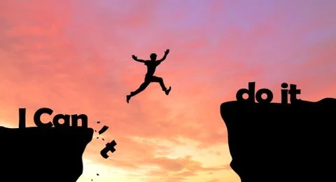 Jumping from i can't to i can do it background concept.	 Illustrazione stock