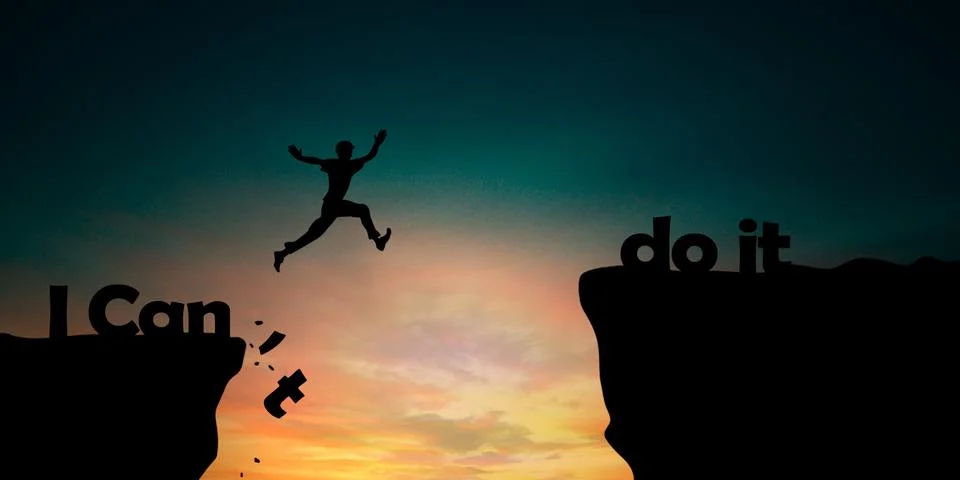 Jumping from i can't to i can do it background concept.	 Illustrazione stock