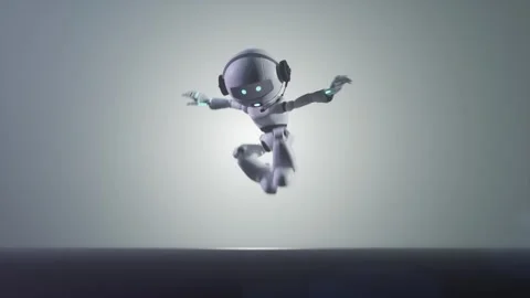 Jumping machanical robot. Humanoid moving with glowing lights with optical f Stock Footage 249387671