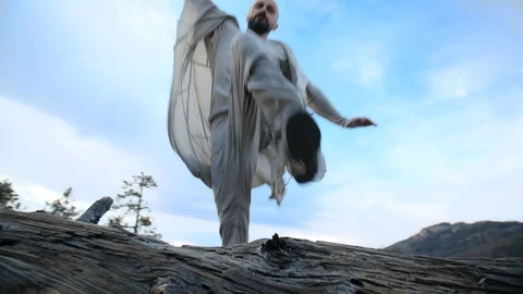 Jumping man over dried trunk of tree at Yosemite National Park Stock Footage 117225004