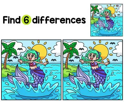 Jumping Mermaid Find The Differences Stock Illustration
