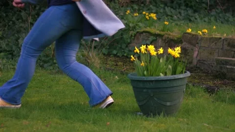 Jumping over daffodil flowers in Spring Stock Footage 331944410