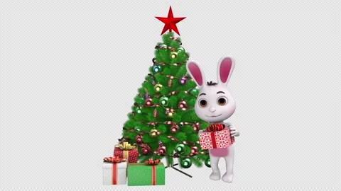 Jumping rabbit with gift box near the Christmas tree - looped alpha channel. Stock Footage 196140932