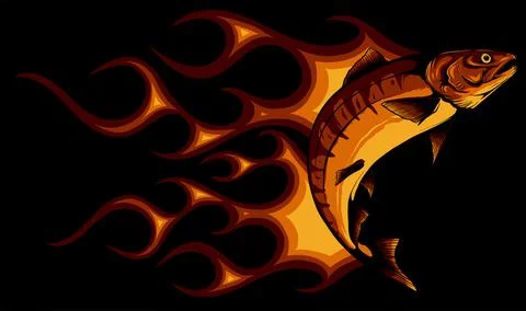 Jumping salmon fish with flames vector illustration Stock Illustration