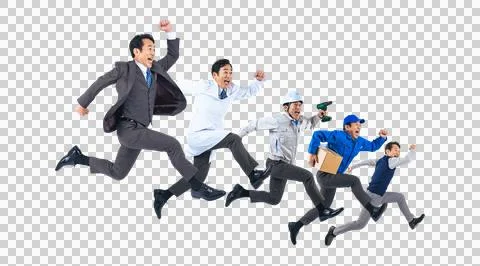 Jumping same Asian middle-aged man dressed up as various professions. Foto stock