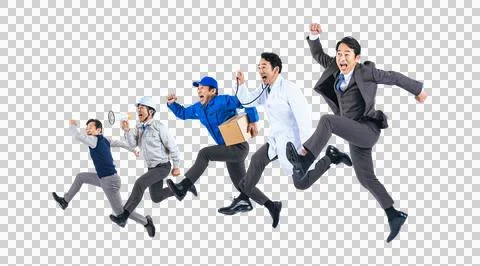 Jumping same Asian middle-aged man dressed up as various professions. Foto stock