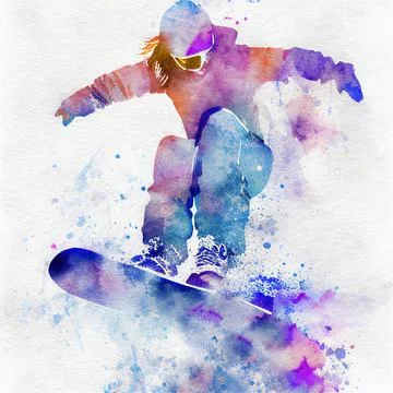 Jumping snowboarder. Watercolor illustration of a woman on a snowboard. Snowb Stock Illustration