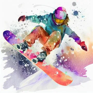 Jumping snowboarder. Watercolor illustration of a woman on a snowboard. Snowb Stock Illustration