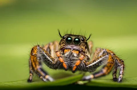 Jumping Spider on green leaf. Stock Photos