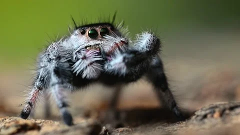 A jumping spider (Phidippus regius or regal spider) cleaning its limbs. Eye.. Stock Footage 230094456