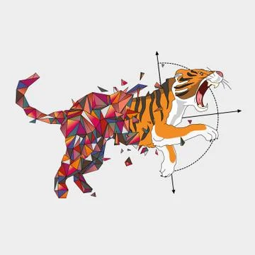 Jumping tiger from triangulating world Stock Illustration