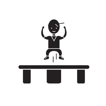 Jumping on trampoline  black vector concept icon. Jumping on trampoline  fl Stock Illustration
