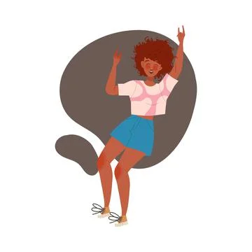 Jumping Woman Character with Happy Face Feeling Joy and Excitement Showing Horn Stock Illustration