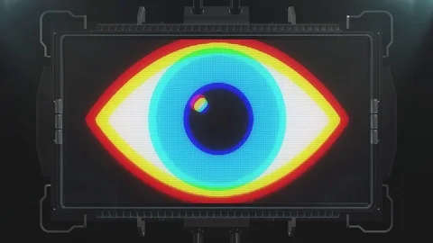 Jumpy RGB blue eye symbol on futuristic lcd led screen display background Video stock 83130466