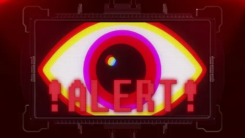 Jumpy RGB red eye symbol and alert warning on futuristic screen display Stock Footage 83130311
