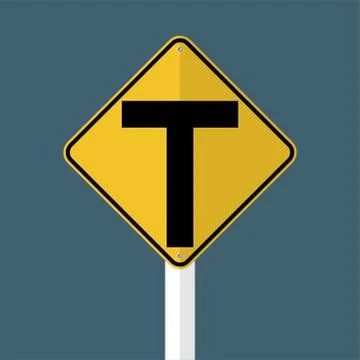 Junction ahead,The main intersection is T-shaped.sign isolated on grey sky ba Stock Illustration