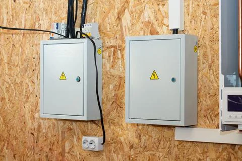 Junction boxes with electrical switches inside a house under construction on  Stock Photos