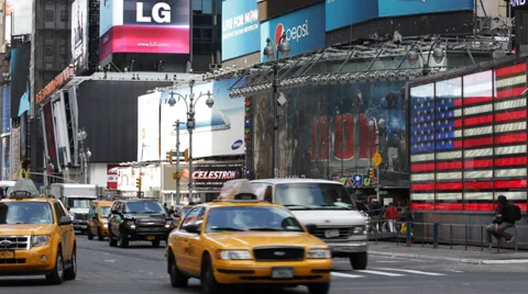 Junction Broadway 7th Ave Times Square Broadway Theaters LED signs Car Traffic Video stock 32507355