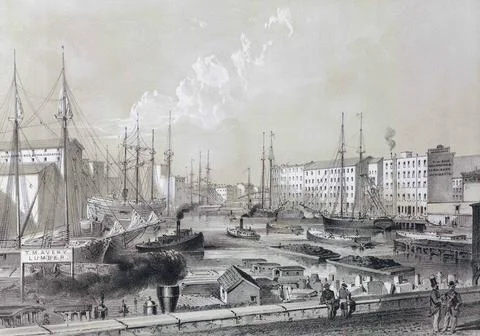 The junction of the Chicago river circa 1866.  After a work by Louis Kurz. Stock Illustration