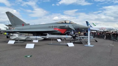 On June 10th 2026, Eurofighter Jet displayed at Berlin Airshow. Stock Footage 340200048