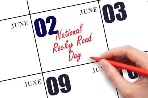 June 2. Hand writing text National Rocky Road Day on calendar date. Save th.. Stock Photos