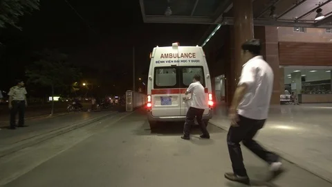 June 2016. Doctors and Nurses pushing Emergency Stretcher bed into the hospit Stock Footage 127571083